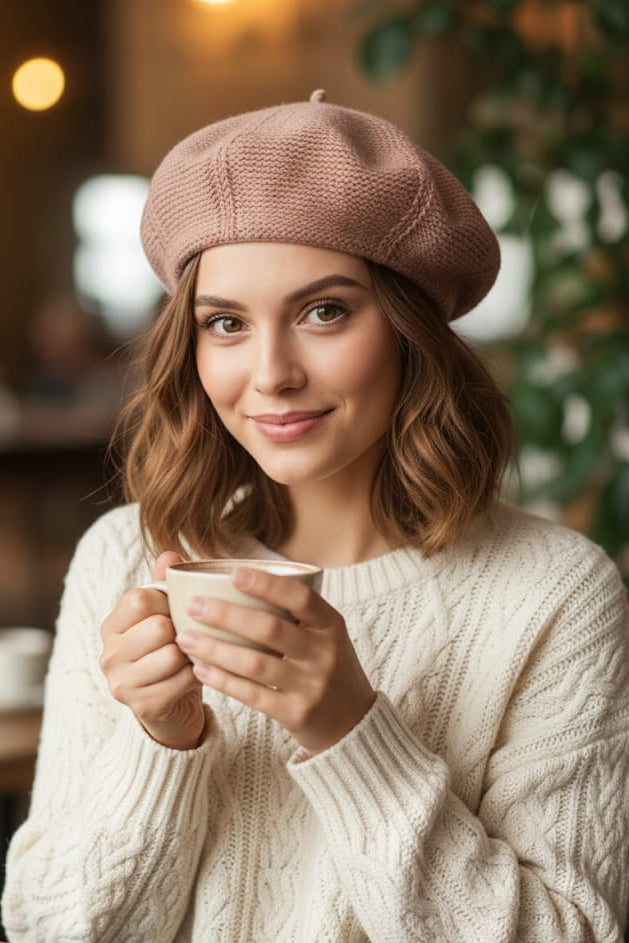 Knitted Nude-Pink French Beret | Café Chic Look